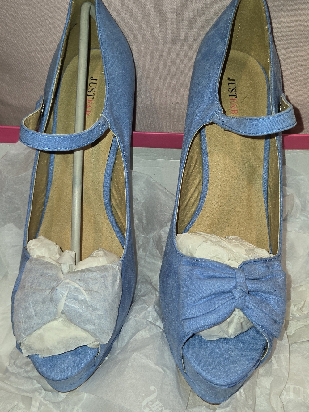 JustFab Light Blue Suede Peep-Toe Mary Jane Heels with Front Knot